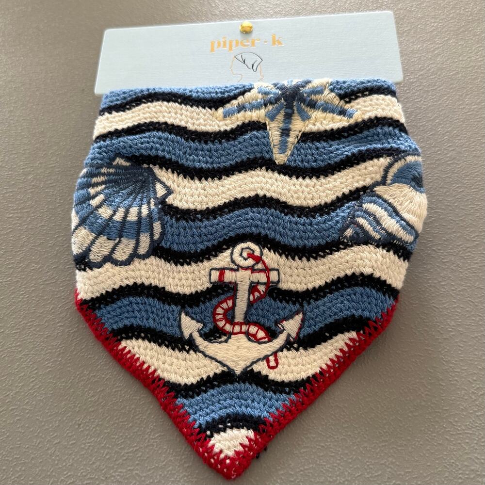 Piper K Nautical Knit Bandana – Anchor Shell Starfish Blue Wave Hair Scarf